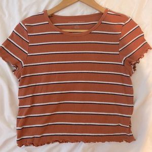 American Eagle rust stripe lettuce edge baby tee, size women’s large